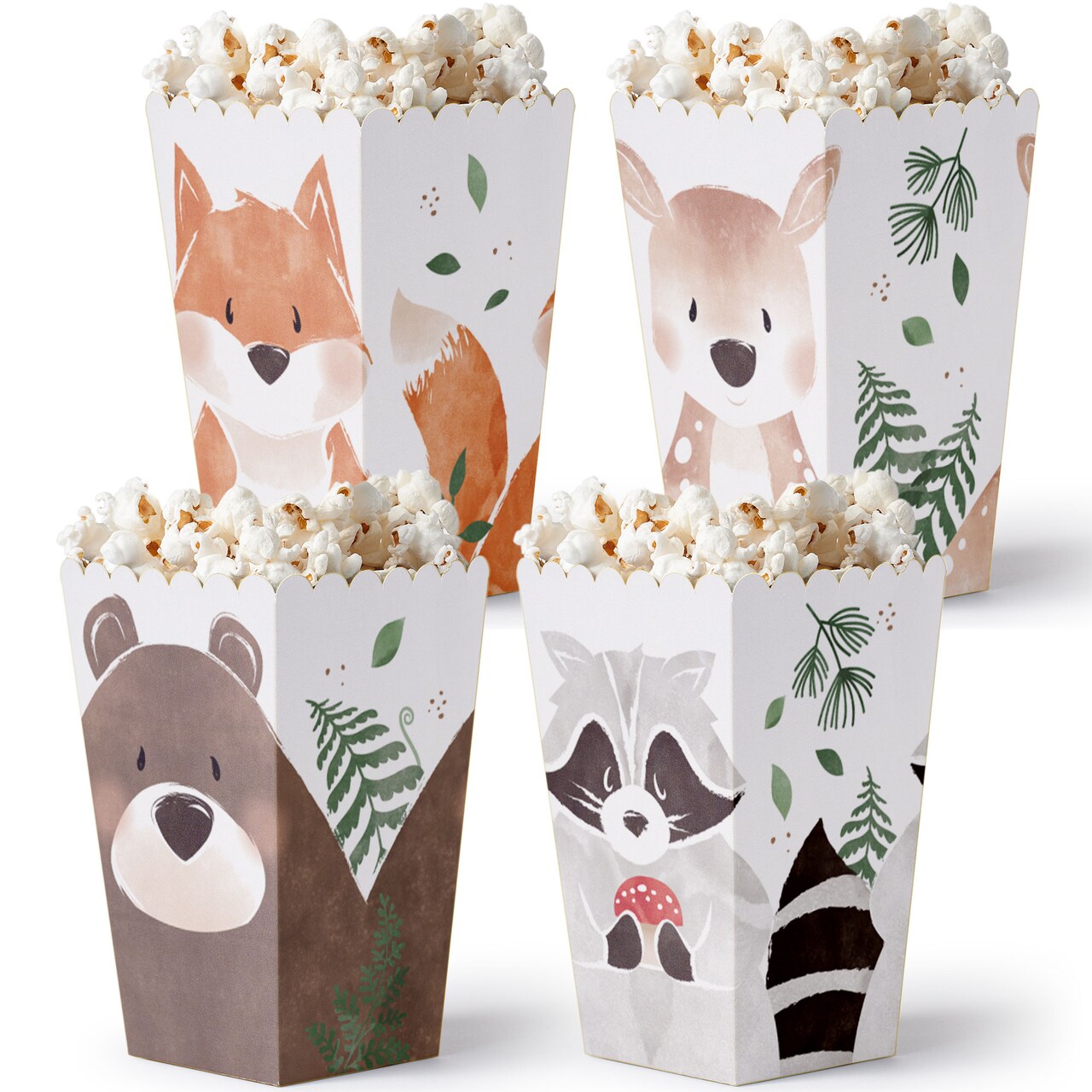 Big Dot of Happiness Woodland Animals Popcorn Boxes, Forest Baby Shower or Birthday Favors, Assorted Treat Boxes of Bear, Fox, Deer, Raccoon - 12 Ct